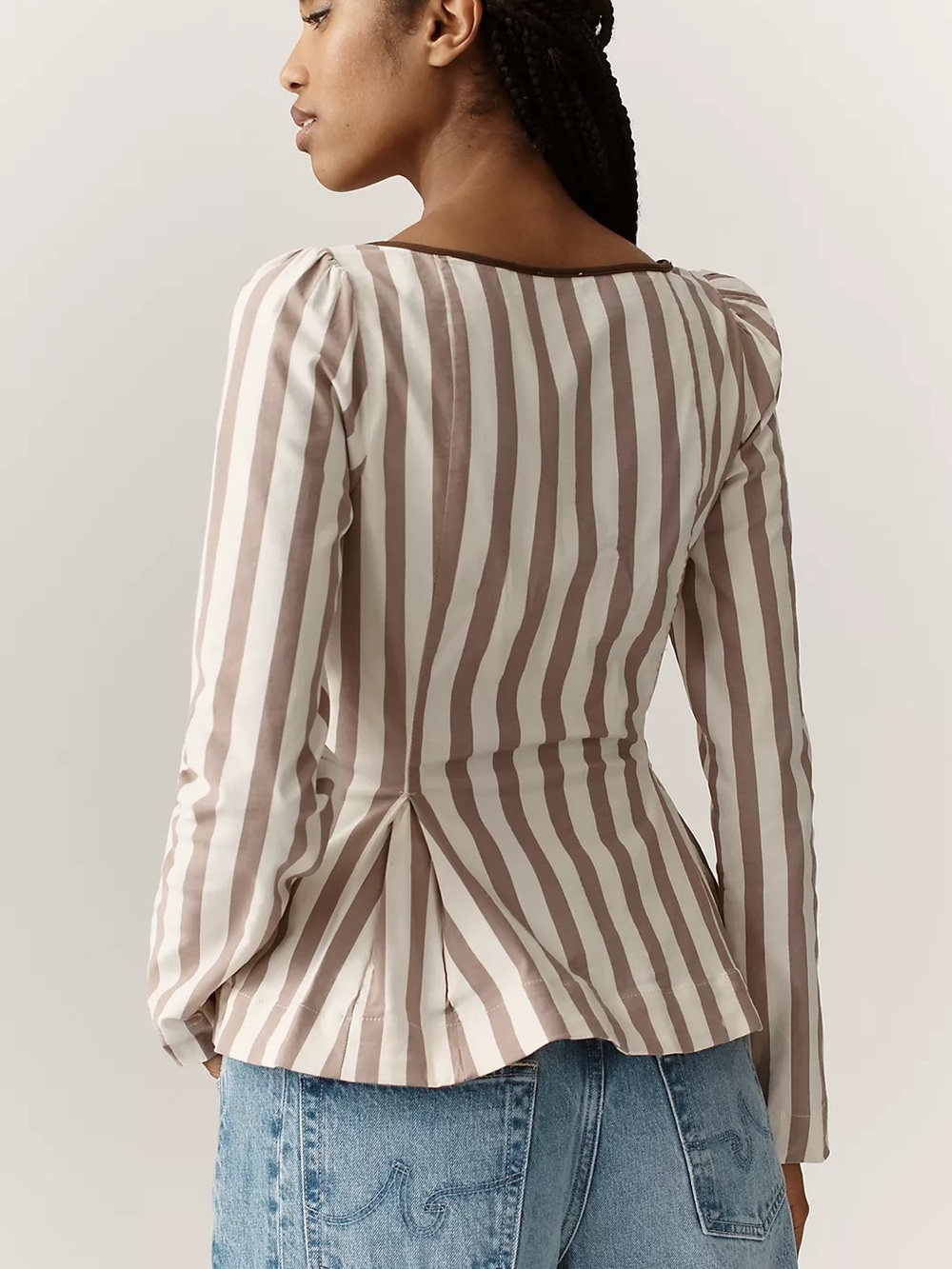 NWT Anthropologie Maeve Striped Square Neck Peplum Blouse Size M Brown White - Picture 3 of 13